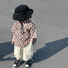 2023夏季新款韩版童装儿童短袖衬衣男童小熊圆点衬衫小童休闲上衣