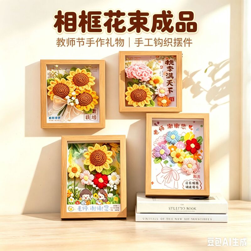 Teacher's Day Gift Sunflower Ornaments Knitted Puff Small Bouquet Wool Flower Photo Frame Souvenir Teacher's Day Bouquet Teacher's Day Gift Sunflower Ornaments Knitted Puff Small Bouquet Wool Flower Photo Frame Souvenir Teacher's Day Bouquet