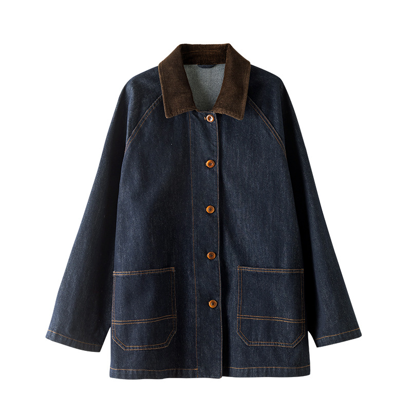 Áo khoác denim cổ điển phối màu tương phản, ve lông cừu, dáng dài trung bình — Xanh denim