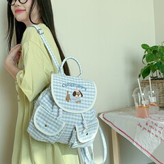 日系可爱格子少女出游背包小众设计卡通双肩包女轻便通勤旅游背包