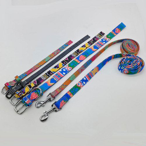 New Pet Dog Rope Collar Harness Double Thick Printed Canvas Nylon Leash Set Korean Style