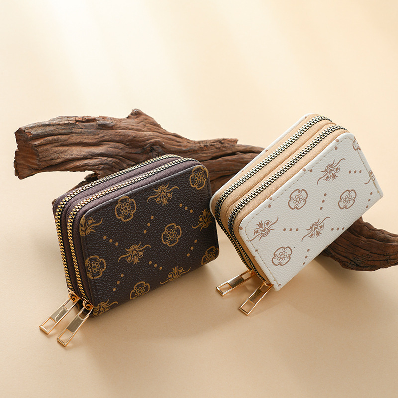 Cross-Border 2025 New Women's Pu Card Holder with Double Zipper, Accordion Style, Multiple Card Slots, Retro Trendy Printed Coin Purse