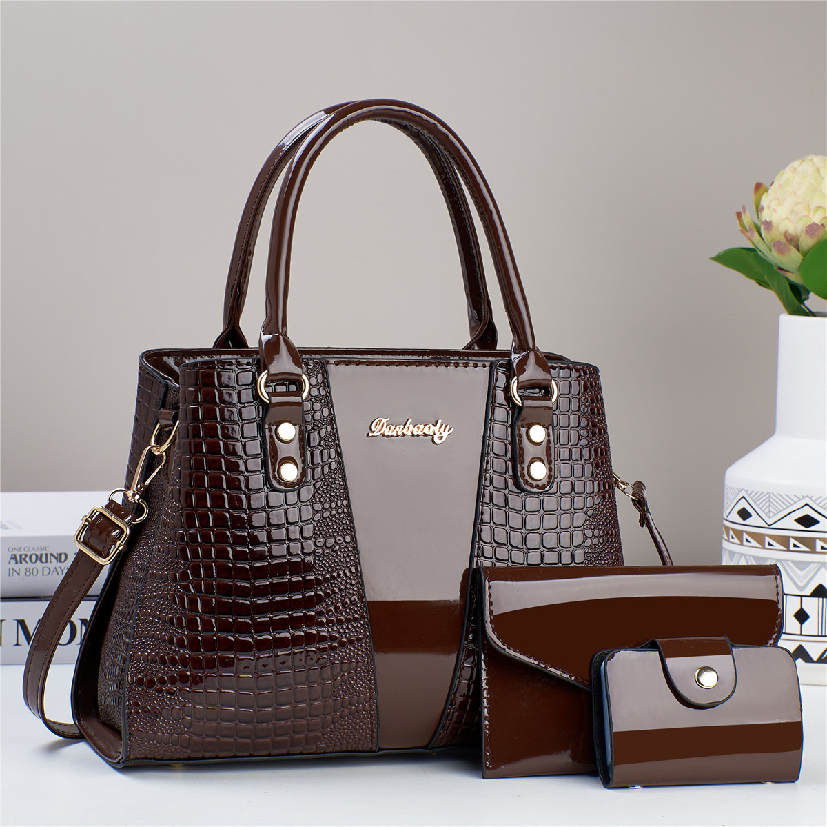 Zipper Closure Type Double Handle , Sling Strap Strap Type Bag Sets Bags Type Women's Pu Leather Splicing Crocodile Classic Style Bucket Zipper Bag Sets