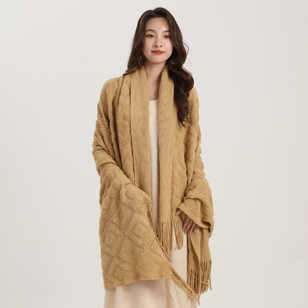 Knitted jacquard checkered blanket shawl_voghion.com