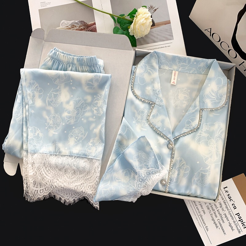 French-Style Light Luxury High-End Lace Design Ice Silk Pajamas for Women, New Spring and Autumn Skin-Friendly Breathable Loungewear Set