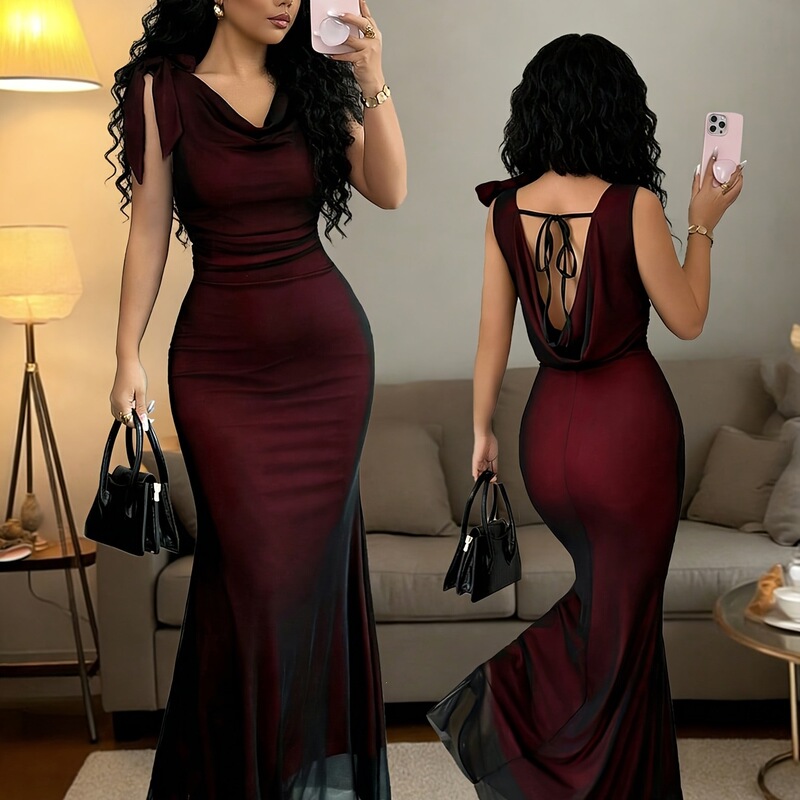 Women's New Summer Fashion Elegant Mesh Draped Collar Backless Asymmetrical Bow Tie Waist-Cinching Long Dress