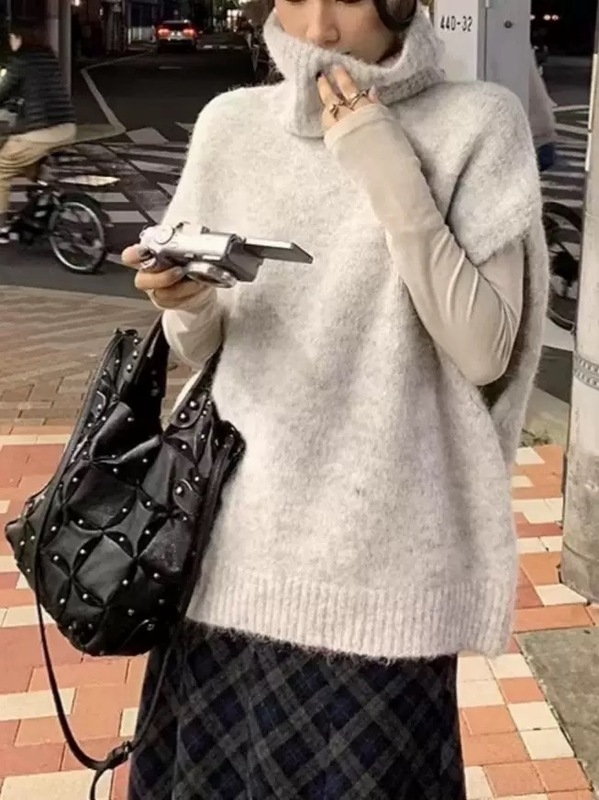 韩系高领背心毛衣女2025新款秋冬慵懒风松弛感叠穿上衣马甲女外贸|undefined