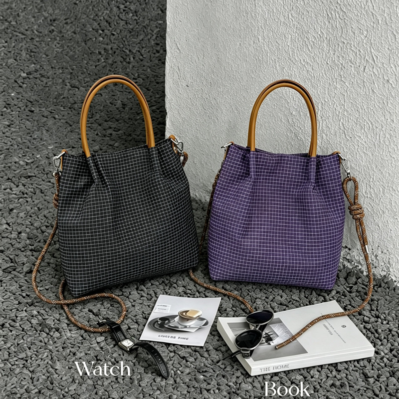 New Japanese-Style Plaid Shoulder Bag, Large-Capacity Nylon Waterproof Tote Bag, Work and Commuting Women's Handbag and Crossbody Bag