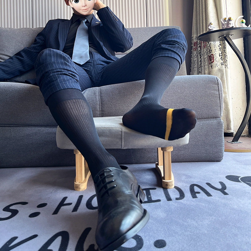 绅士男高端商务通勤丝袜春夏季薄款正装高弹丝袜光面条纹西装皮鞋