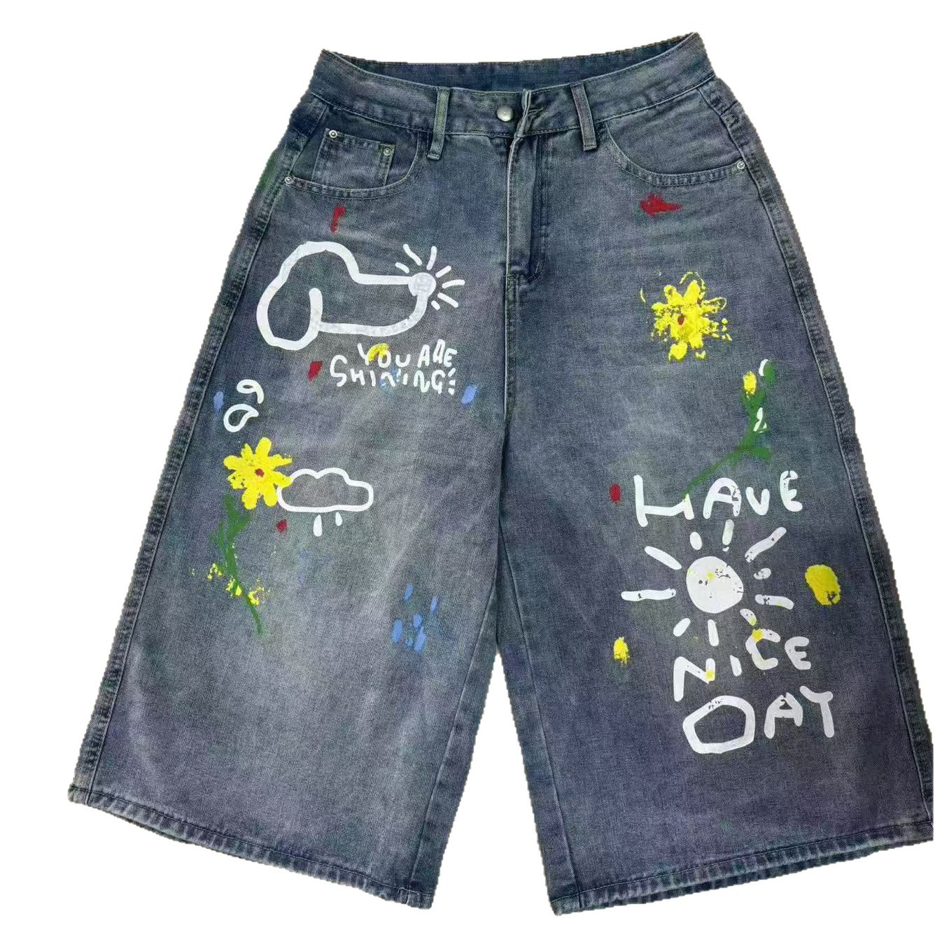 New Women's Fun Dog Graffiti Print Cropped Wide Leg Jeans Stylish Casual Denim for Spring Autumn_mkmklike.com