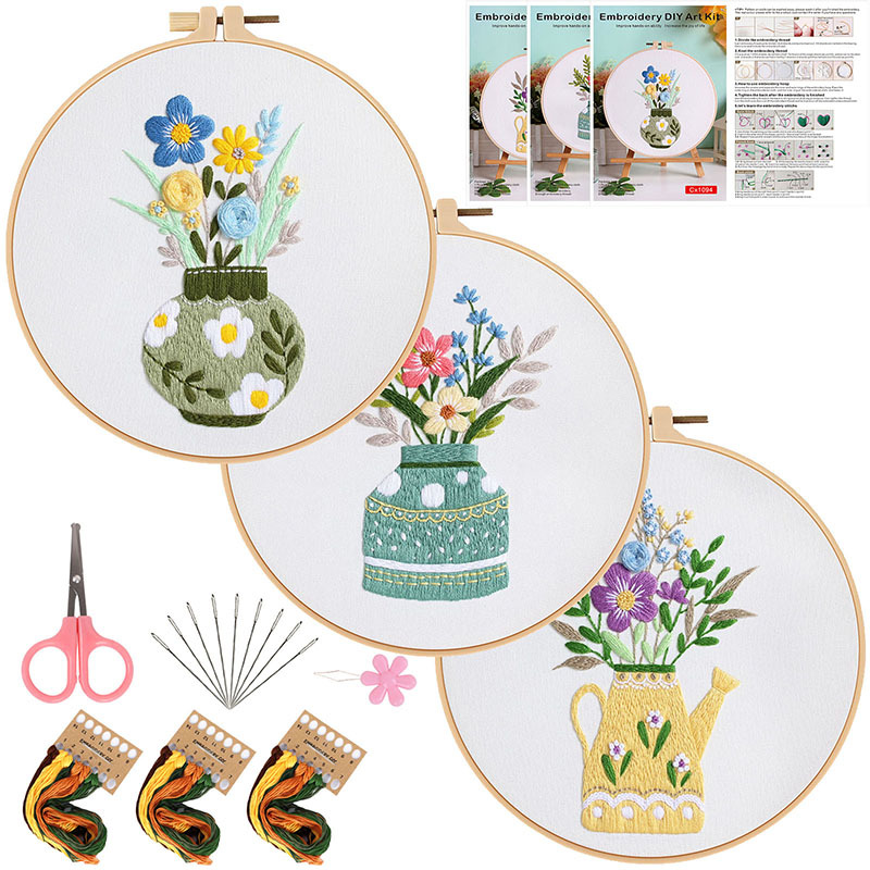 Juego de tres piezas + 1 bordado de bambú de imitación tensión 20cm + 1 tijeras rosas + 1 hilo rosa (cx1093 + 1094 + 1095)