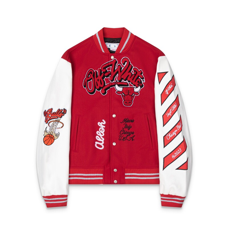 Ss23 Autumn and Winter Off White Heavy-Duty Embroidered Leather Patchwork Baseball Jacket Couple's Style High-Quality Cross-Border Product