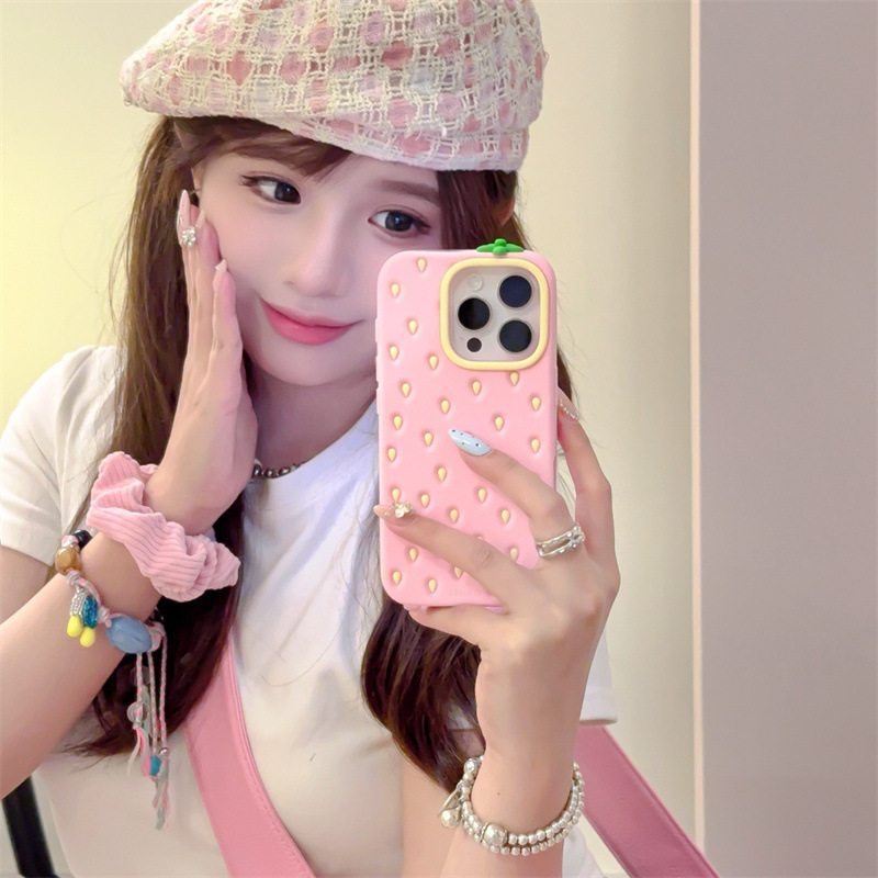 Pink Strawberry Silicone Case voor Max iPhone 13 Pro en | Schattige meidenstijl