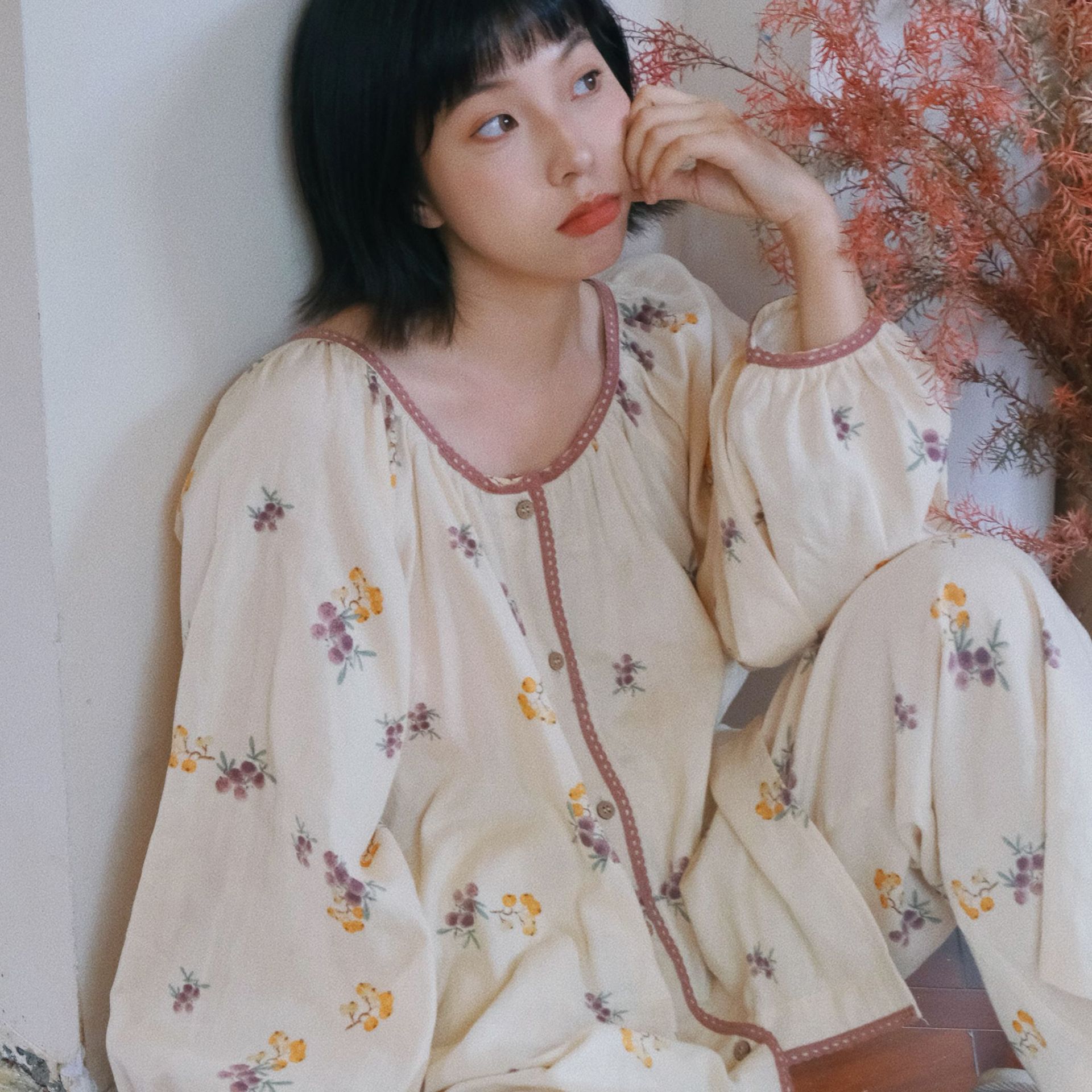 Spring and Autumn National Style Pajamas Women's Four Seasons Woven Pure Cotton Mesh Red Style Crewneck Cardigan Contrast Lace Cotton Home Clothes