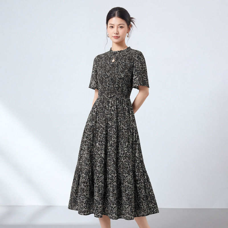 New Style 100% Mulberry Silk Crepe Floral Dress with Ruffled Edges, Stand Collar, Waist-Cinching, Slimming, and Large Hem Dress 3671