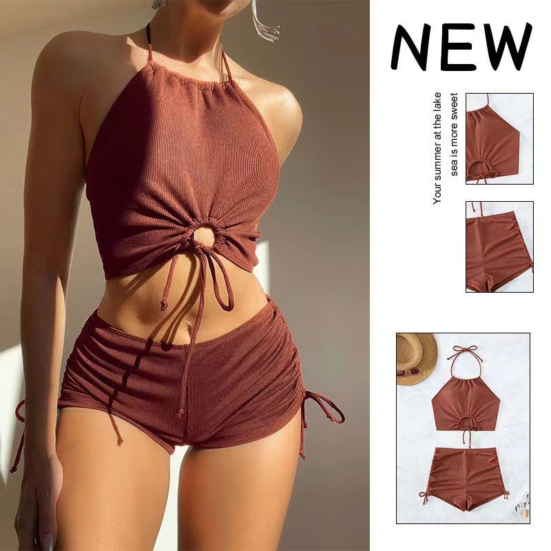 2024 New Split Swimsuit Pure Color Quick-Drying European and American Sexy Bikini Halter High-End Swimsuit for Women