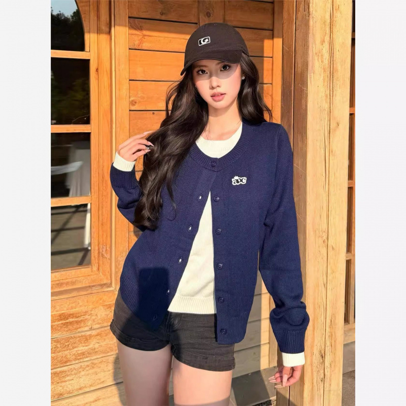 美式覆古假两件针织开衫女早秋新款藏青色长袖宽松慵懒风v领上衣|undefined