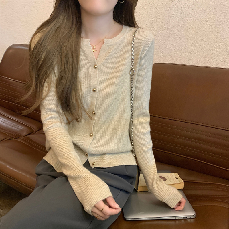 2025秋季韩版气质半开V领纽扣安迪绒针织开衫长袖女新款毛衣外套|undefined