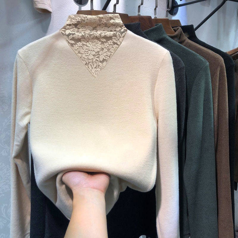 "280G Double-Sided Velvet" Lace Splicing Mid-Collar Long-Sleeved Bottoming Shirt for Women "280G Double-Sided Velvet" Lace Splicing Mid-Collar Long-Sleeved Bottoming Shirt for Women