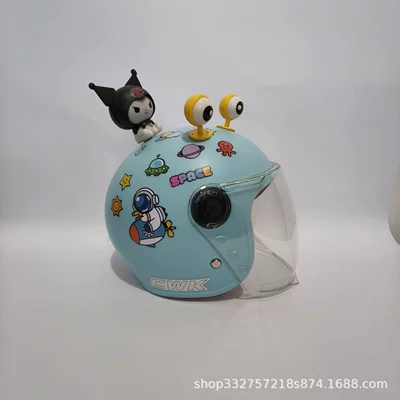 Electric Motorcycle Safety Helmet for Babies Aged, Motosiklet kaskı (dəbilqə) - aqua-blue-rocket-transparent-long-mirror-yellow-eyes-black-kuzai-3c-children-1-6-years-old-wl07