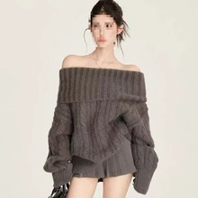 软糯一字肩经典灰色高领毛衣女冬季慵懒风宽松保暖多穿法长袖上衣