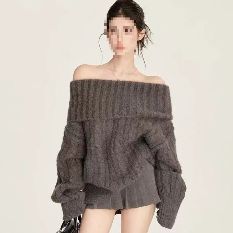 软糯一字肩经典灰色高领毛衣女冬季慵懒风宽松保暖多穿法长袖上衣