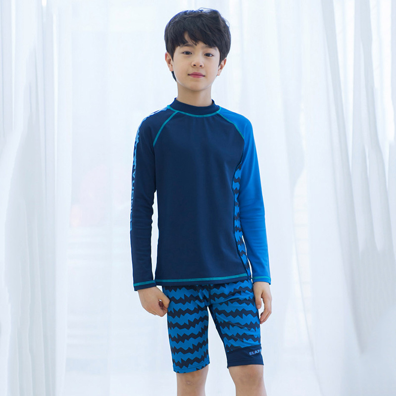 2025 New Swimsuit for Boys, Quick-Drying Swimsuit, Blue Korean Style Split Long-Sleeved Sun Protection Sports Swimsuit Cross-Border