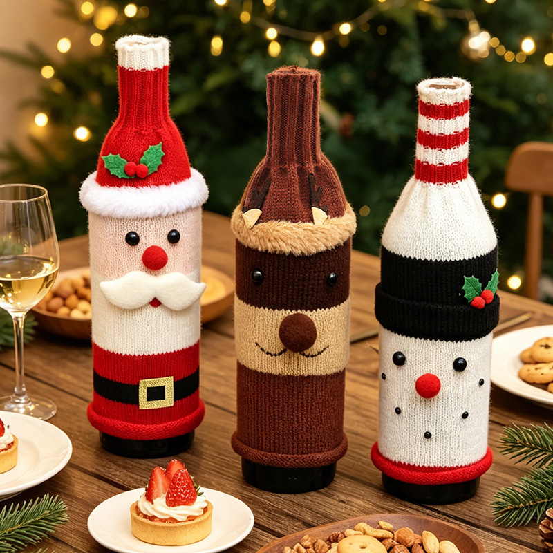 Cross-border new Christmas decorations knitted velvet red wine bottle cover creative old man wine bottle hat table decoration