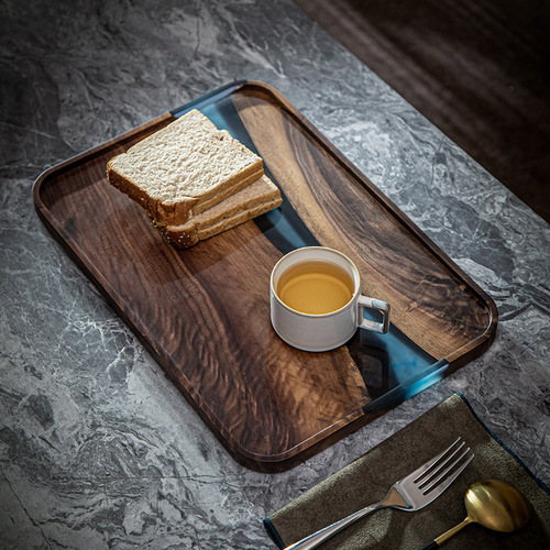 Cross-border black walnut resin tea tray wooden rectangular tray household fruit tray solid wood small tea table wooden tray