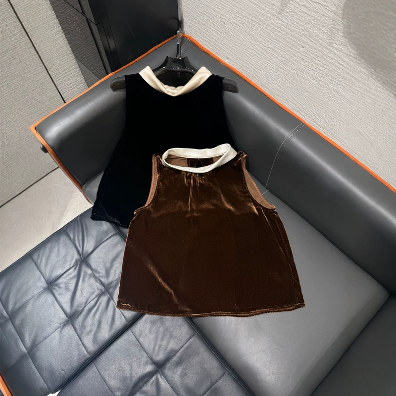 2026 Summer New Style French Retro Style Contrasting Color Stand Collar Coffee-Colored Velvet A-Line Loose Sleeveless Top for Women