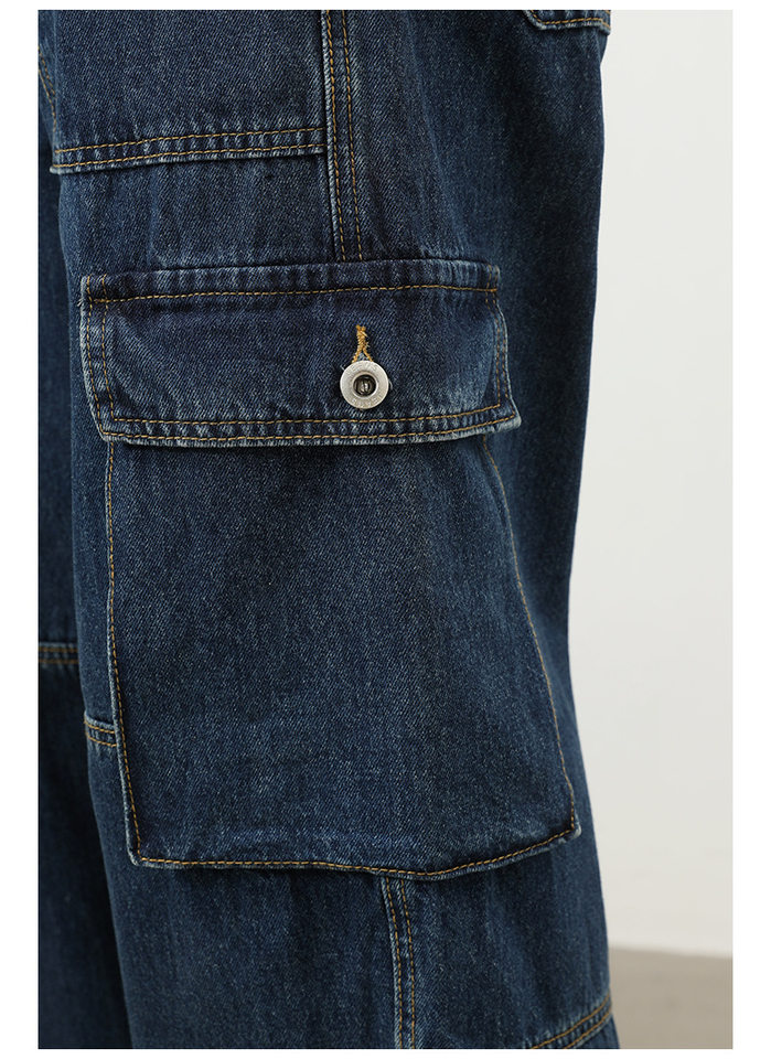 Quần jeans nam ống rộng thẳng phong cách đường phố, nhiều túi, lưng giữa eo — màu xanh đậm chi tiết 12