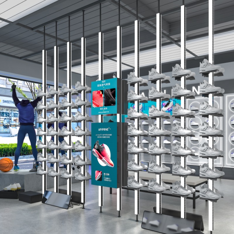 Tienda de ropa de hombre con lámpara tipo piso piso de pared superior placa trasera estante de pared percha de ropa percha de zapatos tienda de zapatos percha de exhibición