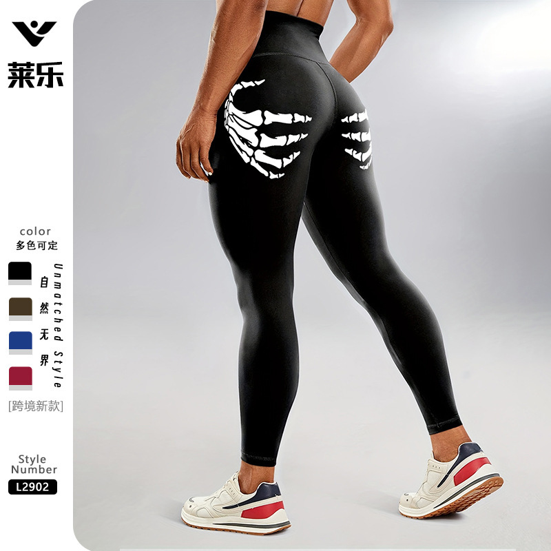Cross-Border European and American Style Skull Print High-Waisted Fleece-Lined Yoga Pants for Women, High Elasticity, Butt-Lifting, Sexy Fitness Nine-Point Leggings
