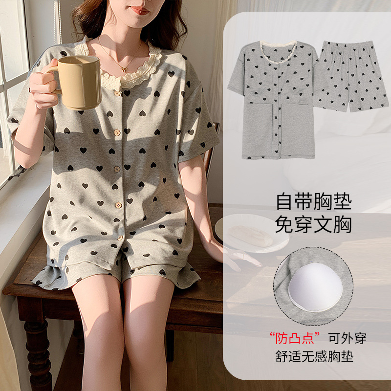 睡衣女士夏季純棉帶胸墊一體式防凸點花邊新款學生短袖短褲家居服