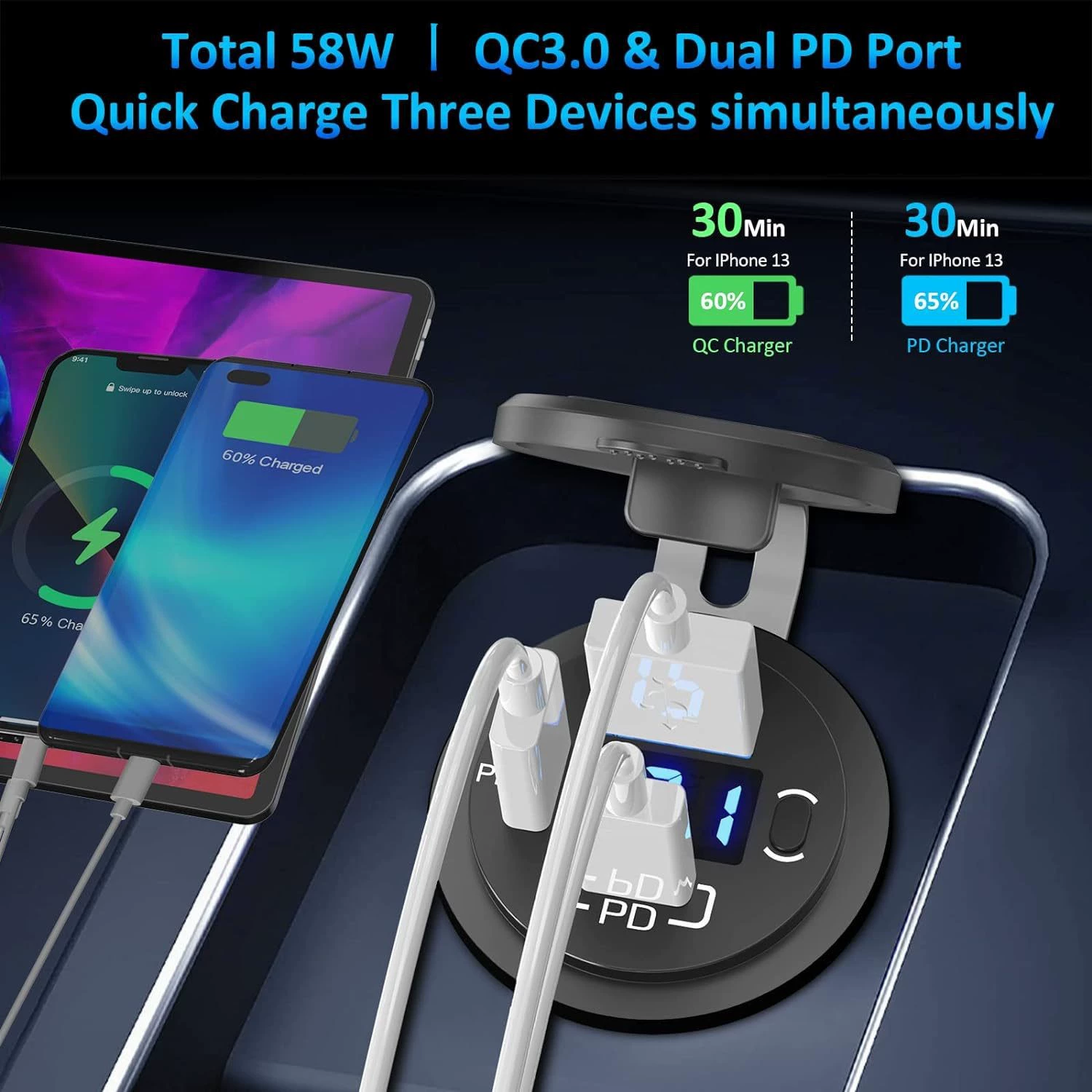 Новый продукт автомобильное зарядное устройство для телефона 2PD+QC3.0 модифицированное автомобильное зарядное ремень напряжение дисплей переключатель
