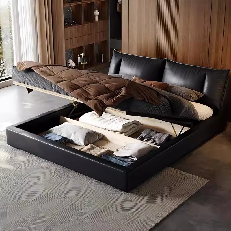 Cama de cuero minimalista italiana, cuero de vaca moderno y simple, cama de matrimonio de 1.8m, cama principal, cama doble, cama queen size