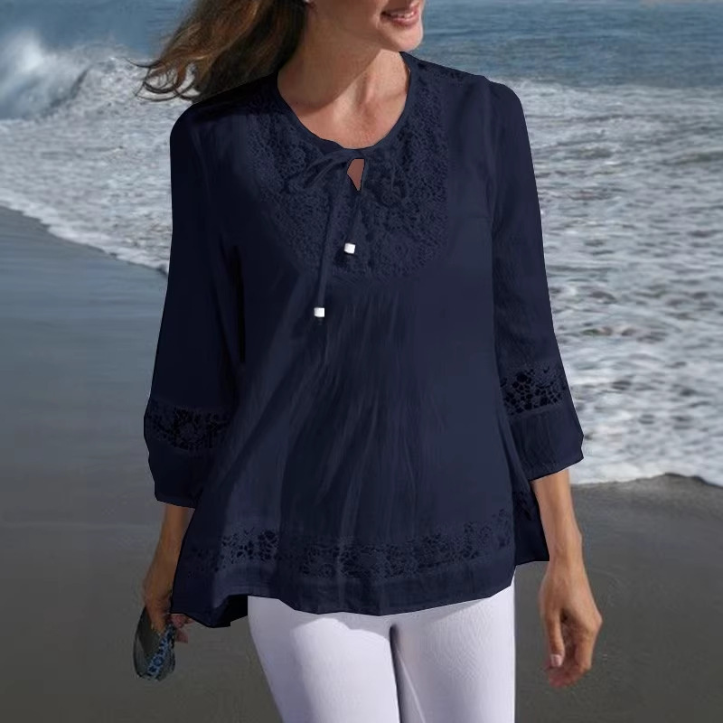 2025 New European and American Amazon Cross-Border Spring/Summer Cotton and Linen Patchwork Stylish 3/4 Sleeve Loose-Fitting Top in Stock