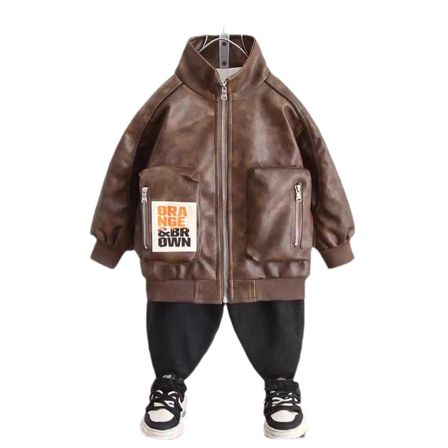 6308 primavera y otoño para niños, chaqueta de cuero con cuello alto fresco y guapo, chaqueta de otoño de la calle frita para niños 2025 nueva chaqueta de cuero para niños