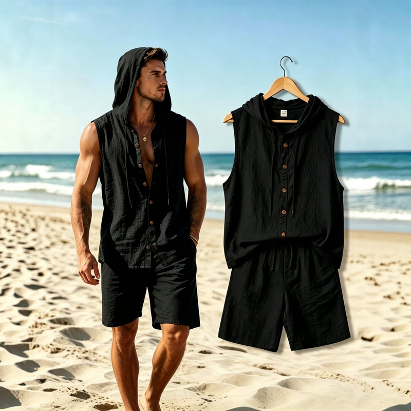 Cross-Border Same Style Summer Set Men's Linen Sleeveless T-Shirt Loose Large Size Shirt Vest Thin Two-Piece Set