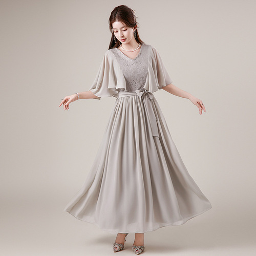 Pure Color Minimalist Korean Style Dress 2026 Autumn/Winter New Arrival V-Neck Fashion Trend Formal Gown Factory Supply