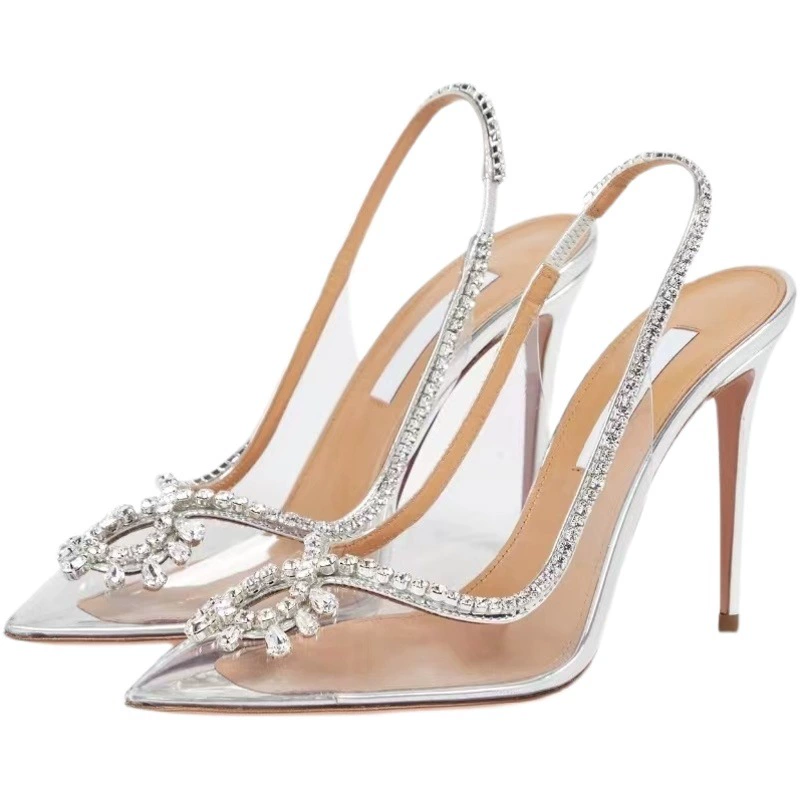 Женские прозрачные сандалии из ПВХ со стразами, новые летние свадебные туфли на шпильке с вырезами и поясом на каблуке-шпильке с кристаллами, 2023