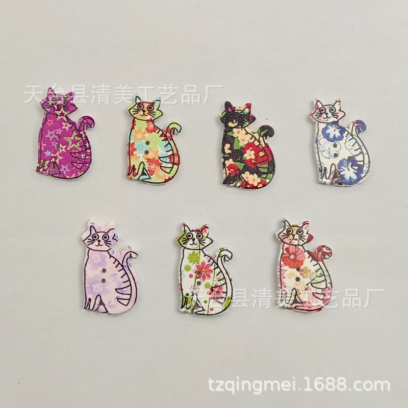 Botón de madera de gato de dibujos animados blanco/color natural 50 botones de gato impresos en madera por paquete