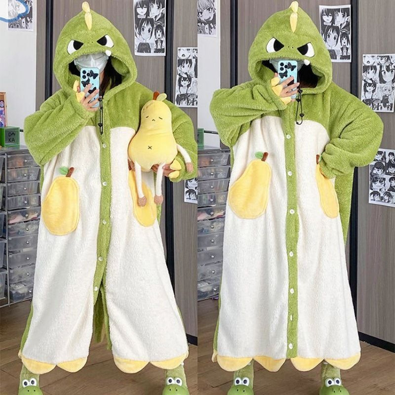 Luna home wear dinosaur coral fleece pajamas female winter cute couple nightgown long plush shark one-piece bathrobe