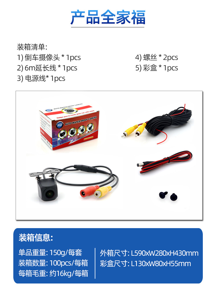 Universal Car Rearview External Reversing Camera with Wide-Angle High-Definition Night Vision Ahd 720P Fisheye Reverse Camera