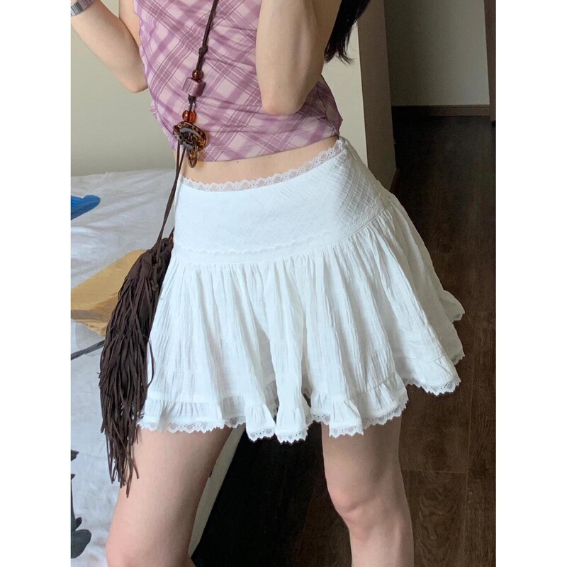 芭蕾风白色半身裙女夏季短款高腰修身蕾丝防走光花边字蓬蓬裙新品|undefined