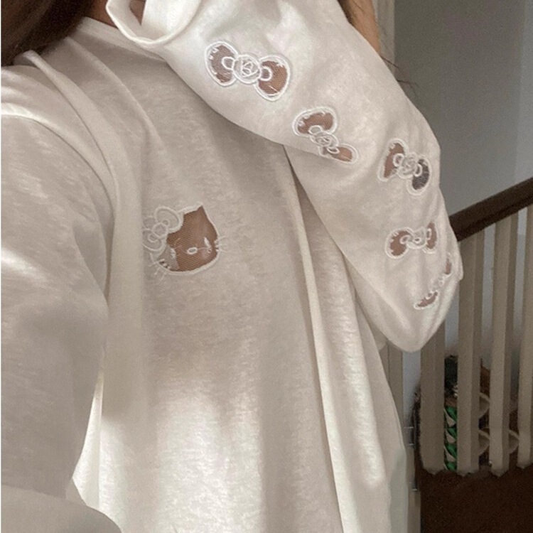 [Pure Cotton Snowflake Cotton] Embroidered Cat Design Slightly Sheer Long-Sleeve T-Shirt for Women, Loose Fit, Niche Style, Sun Protection Top, Early Spring Chic