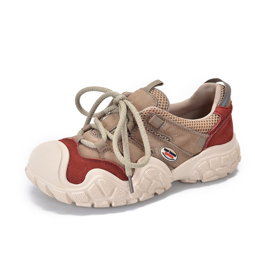 Genuine Leather Sports Mesh Shoes for Women, Low-Top Lace-Up Casual All-Match Cowhide Shoes, 2024 Spring/Summer New Arrival Thick-Soled Shoes