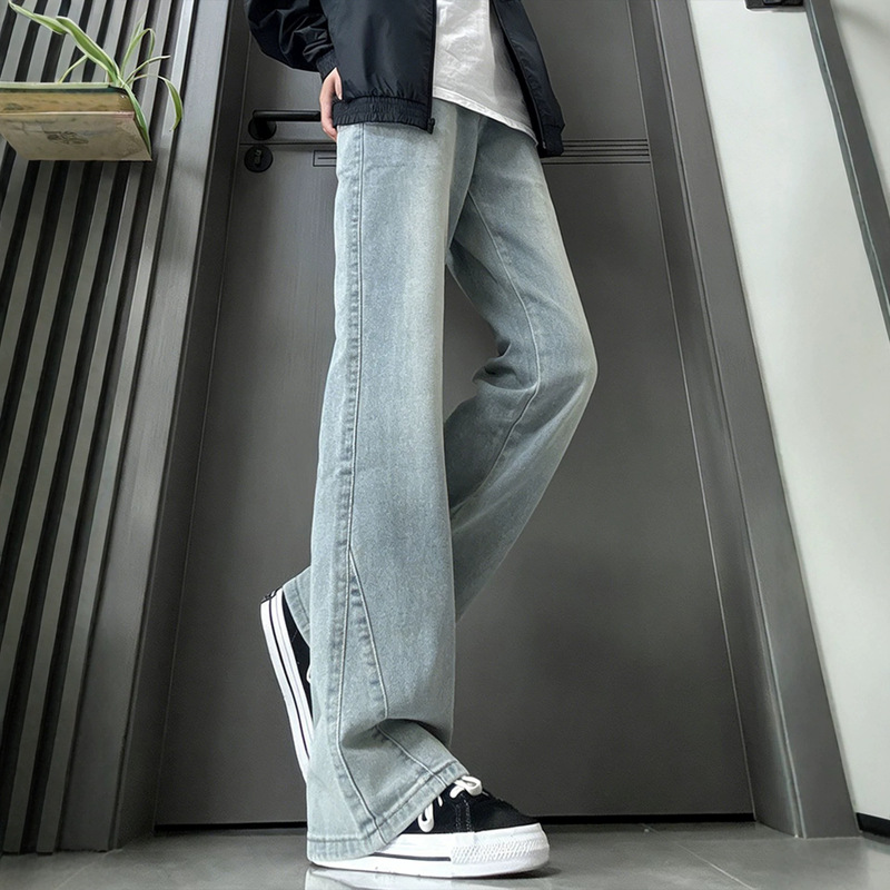 Cleanfit black slanted cut curved jeans for men, American high street style, trendy vibe, straight cut, slimming, slightly flared pants Cleanfit black slanted cut curved jeans for men, American high street style, trendy vibe, straight cut, slimming, slightly flared pants