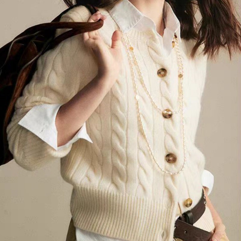 Women's Twisted Flower Crewneck Wool Cardigan 100% Wool Solid Color Fashion Long Sleeve Knitted Cardigan