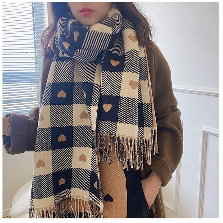 Otoño e invierno nueva Cachemira de doble cara amor bufanda a cuadros Corea del Sur borla cálido chal grande bufanda pareja a juego